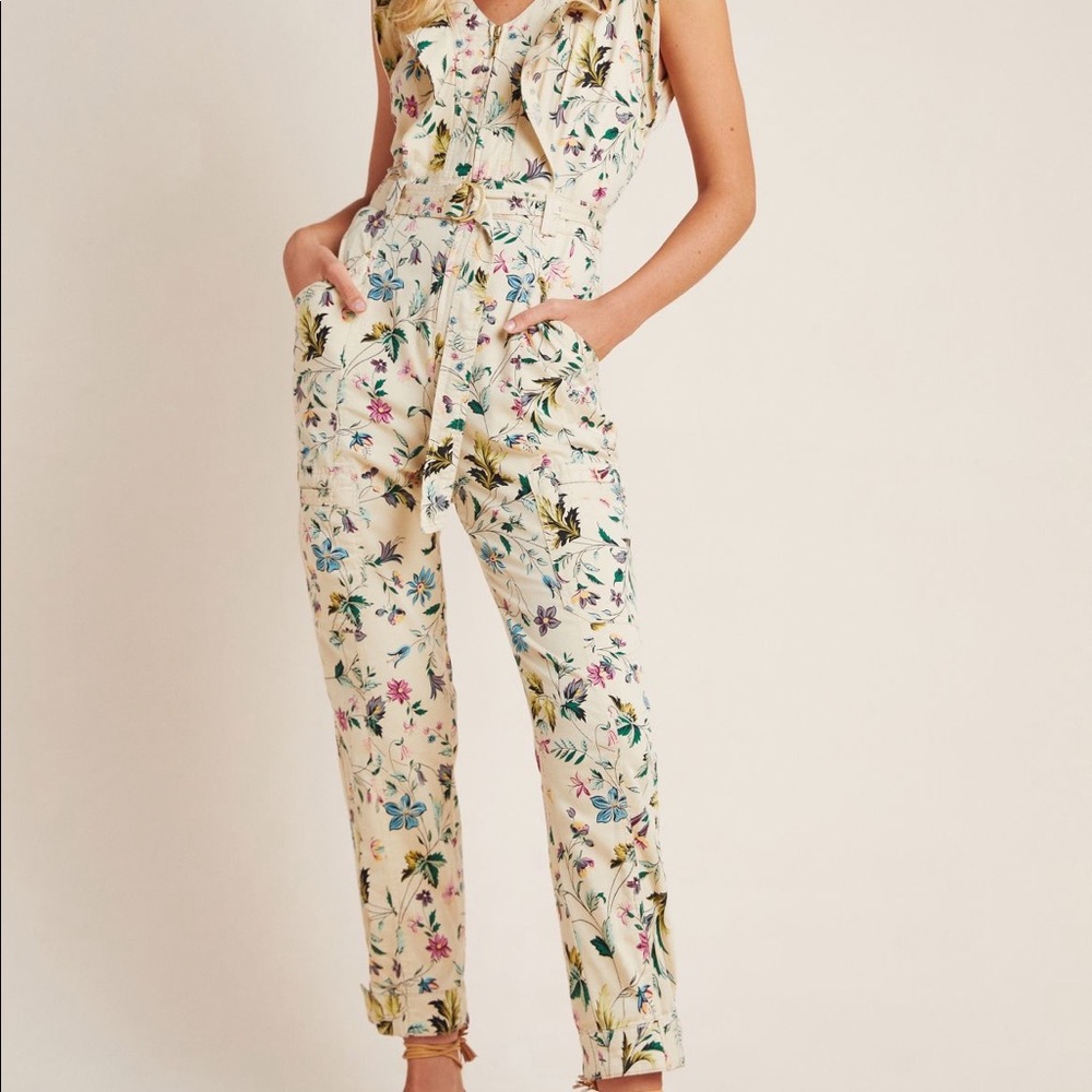anthropologie floral ruffled utility jumpsuit
